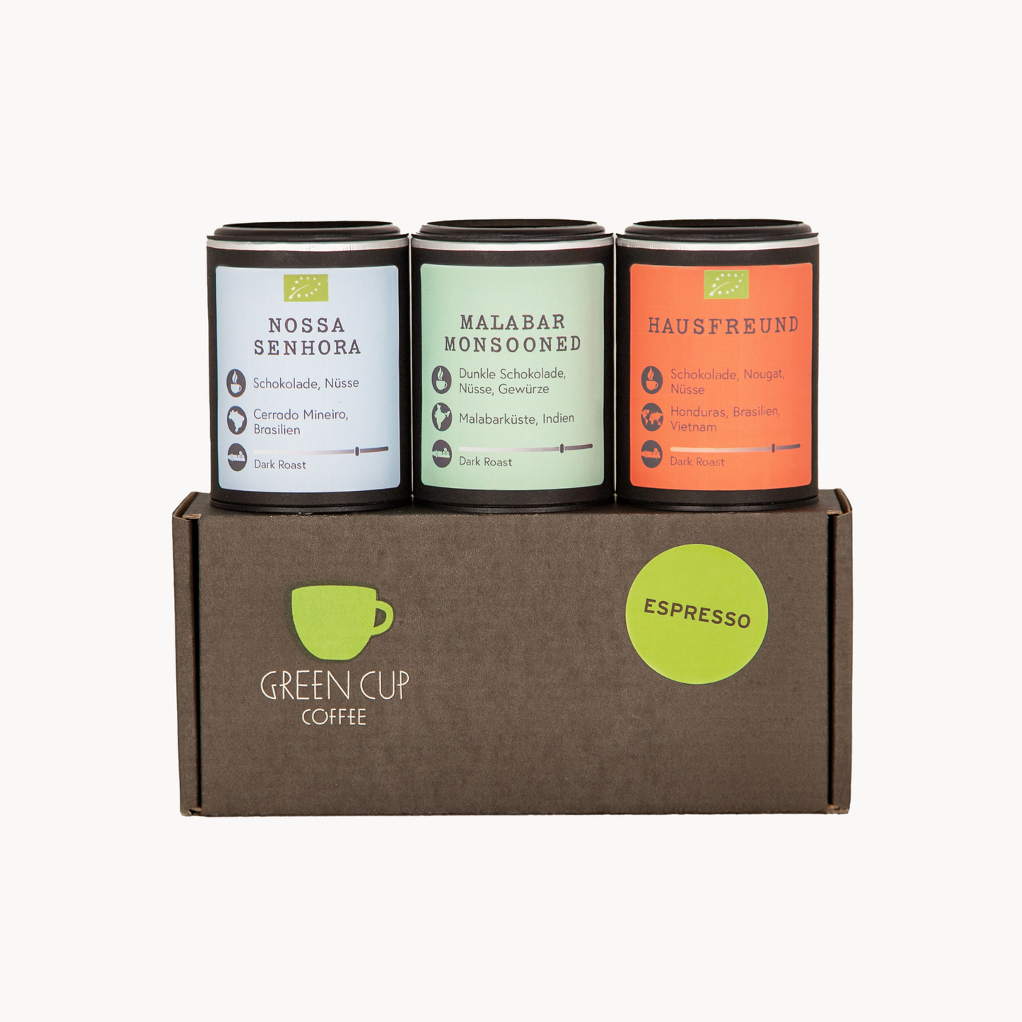 Probierbox Espresso: drei Probierdosen Espresso mit den Sorten Nossa Senhora, Malabar Monsooned und Hausfreund