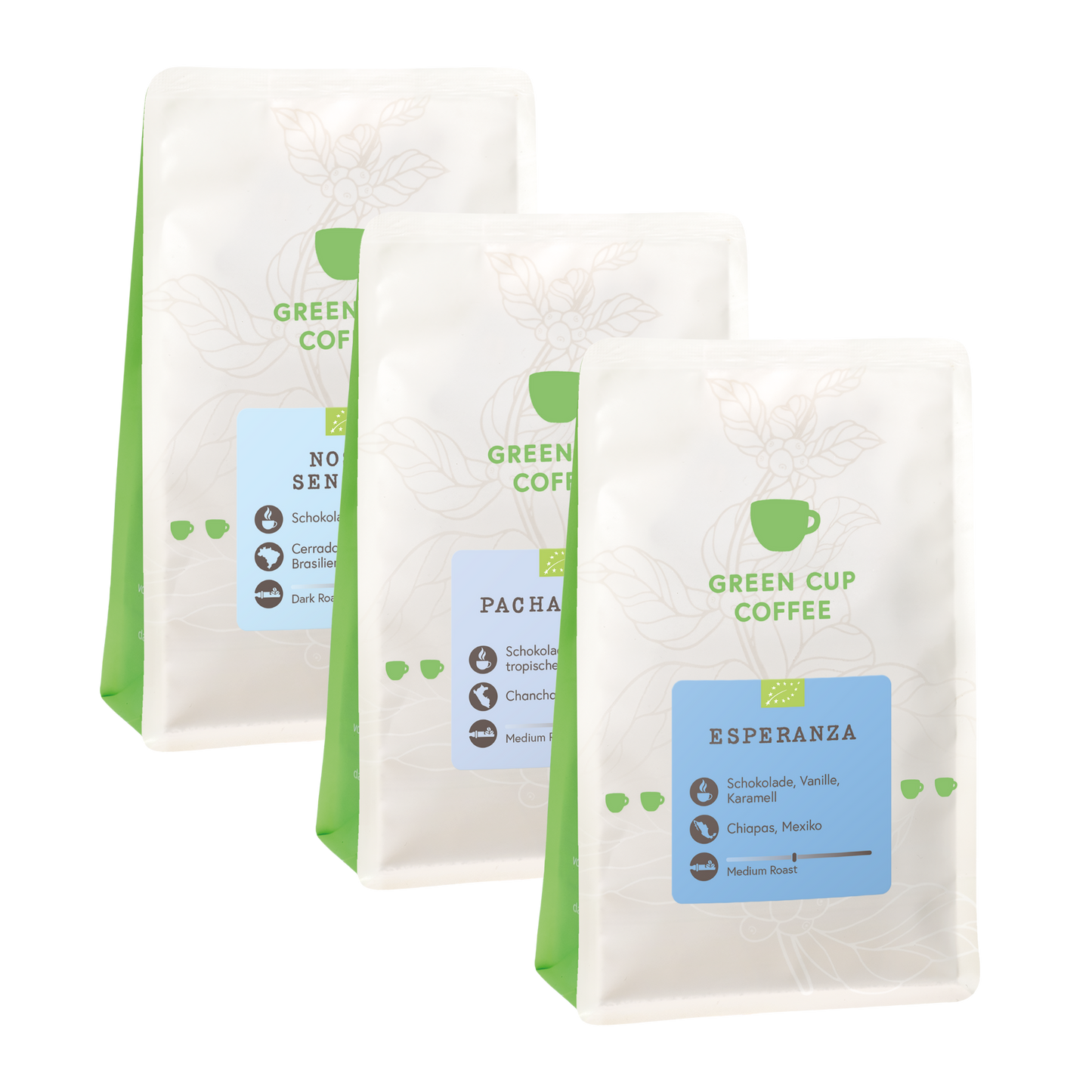 Green Cup Coffee-Packshot: Kaffee Sorten Nossa Senhora, Pacha Mama, Esperanza, 250g