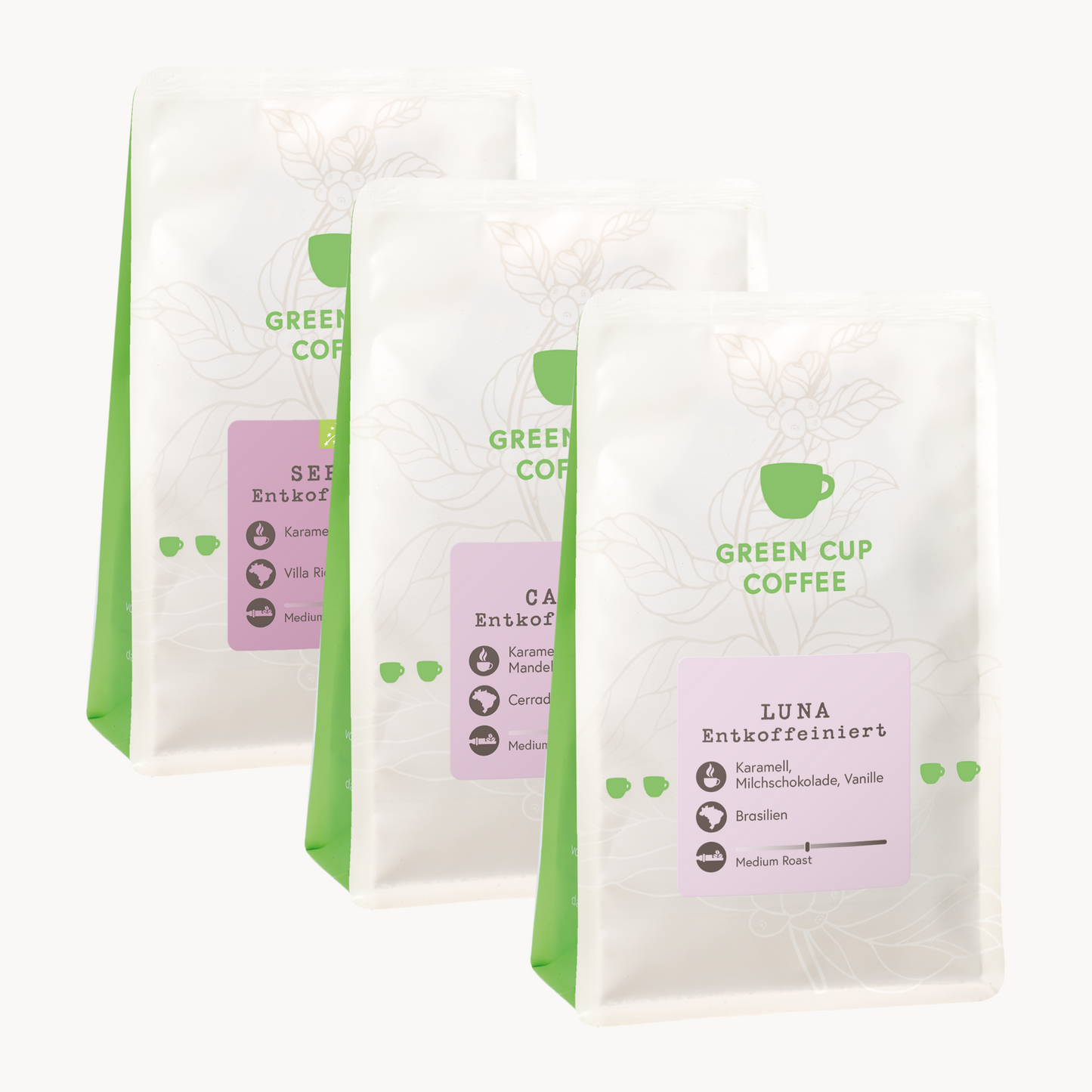 Green Cup Coffee-Packshot Aromareise Entkoffeiniert: Kaffee Sorten Calmo, Serena und Luna, 250g Tüten