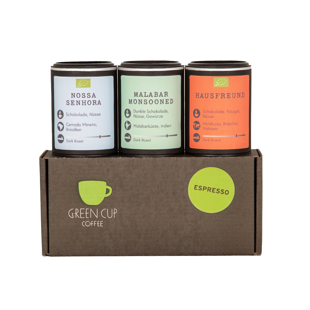 Probierbox Espresso: drei Probierdosen Espresso mit den Sorten Nossa Senhora, Malabar Monsooned und Hausfreund