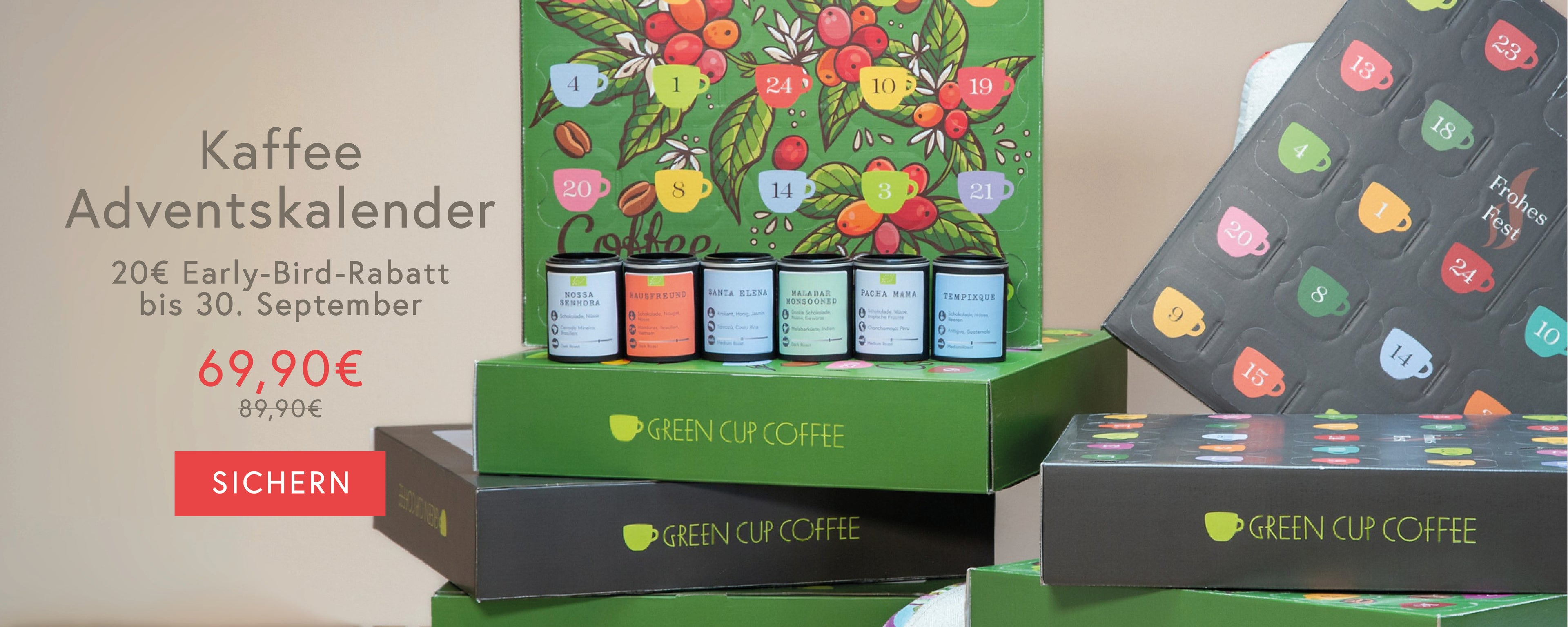 Kaffee-Adventskalender in Grün und Athrazit angeordnet mit Schriftzug "20€ Early-Bird-Rabatt bis 30. September - Sichern"