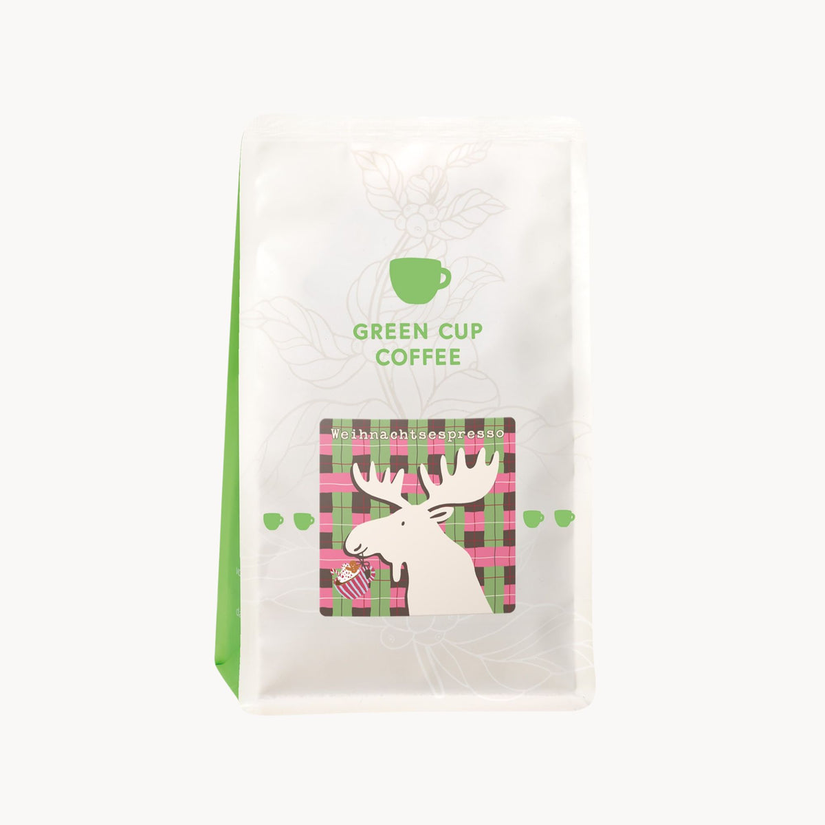 Green Cup Coffee Kaffeetüte mit Weihnachtsetikett: Elch mit Tasse auf rosa-grünem Karo.