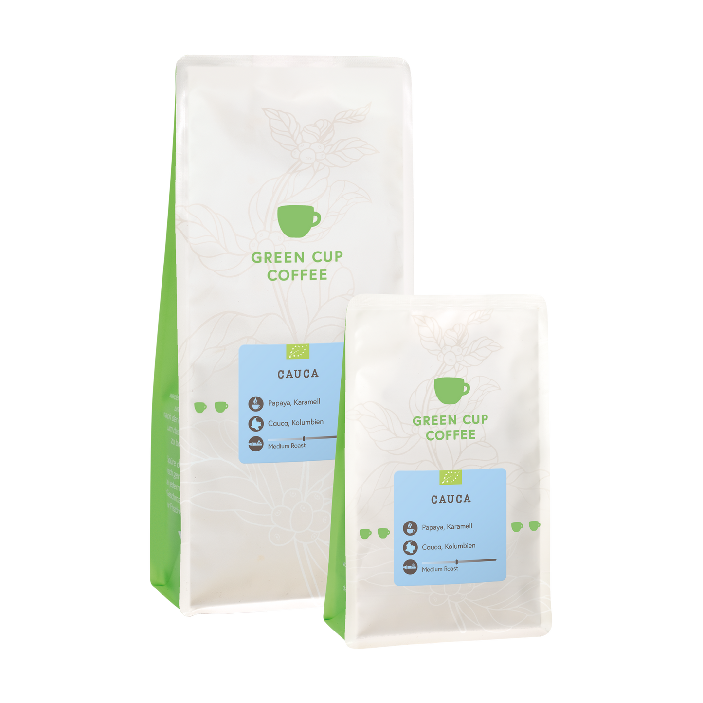 Packshot Kaffee Cauca Green Cup Coffee 1kg und 250g Packung