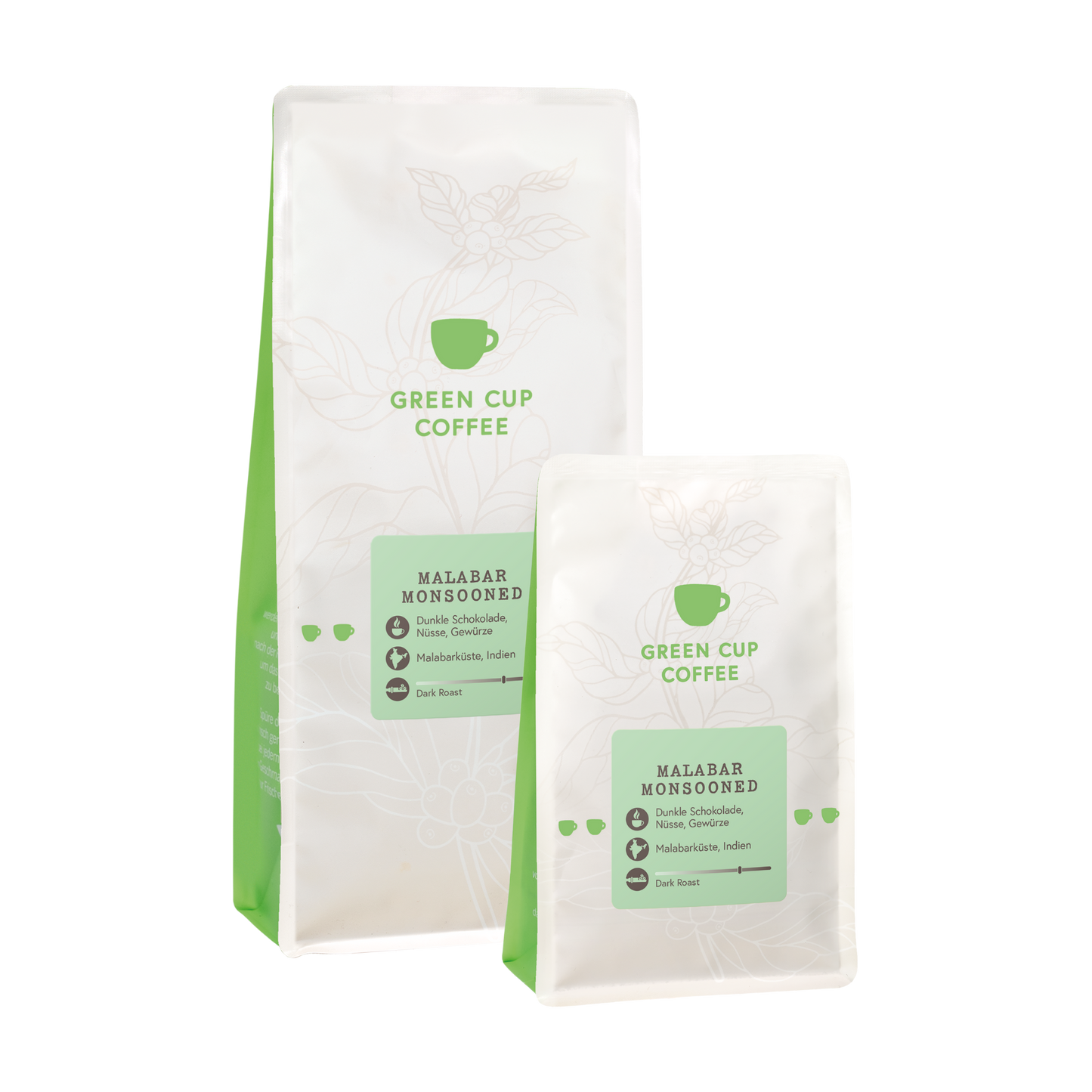 Packshot Kaffee Malabar Monsooned Green Cup Coffee 1kg und 250g Packungen