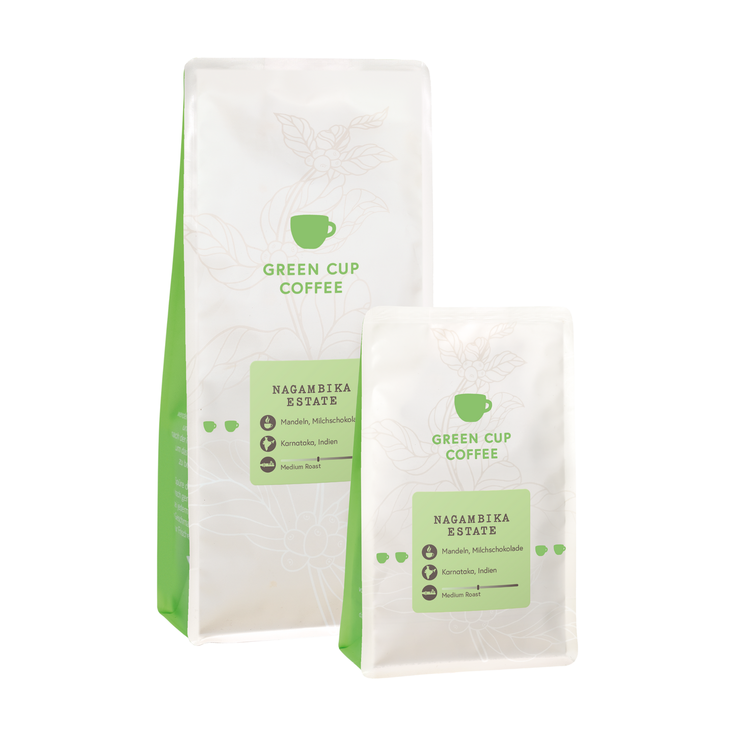 Packshot Kaffee Nagambika Estate Green Cup Coffee 1kg und 250g Packungen