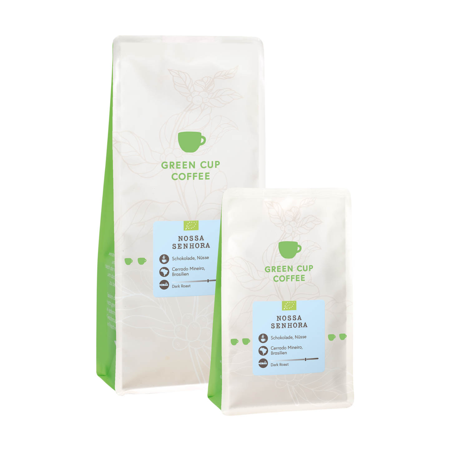 Packshot Kaffee Nossa Senhora Green Cup Coffee 1kg und 250g Packungen
