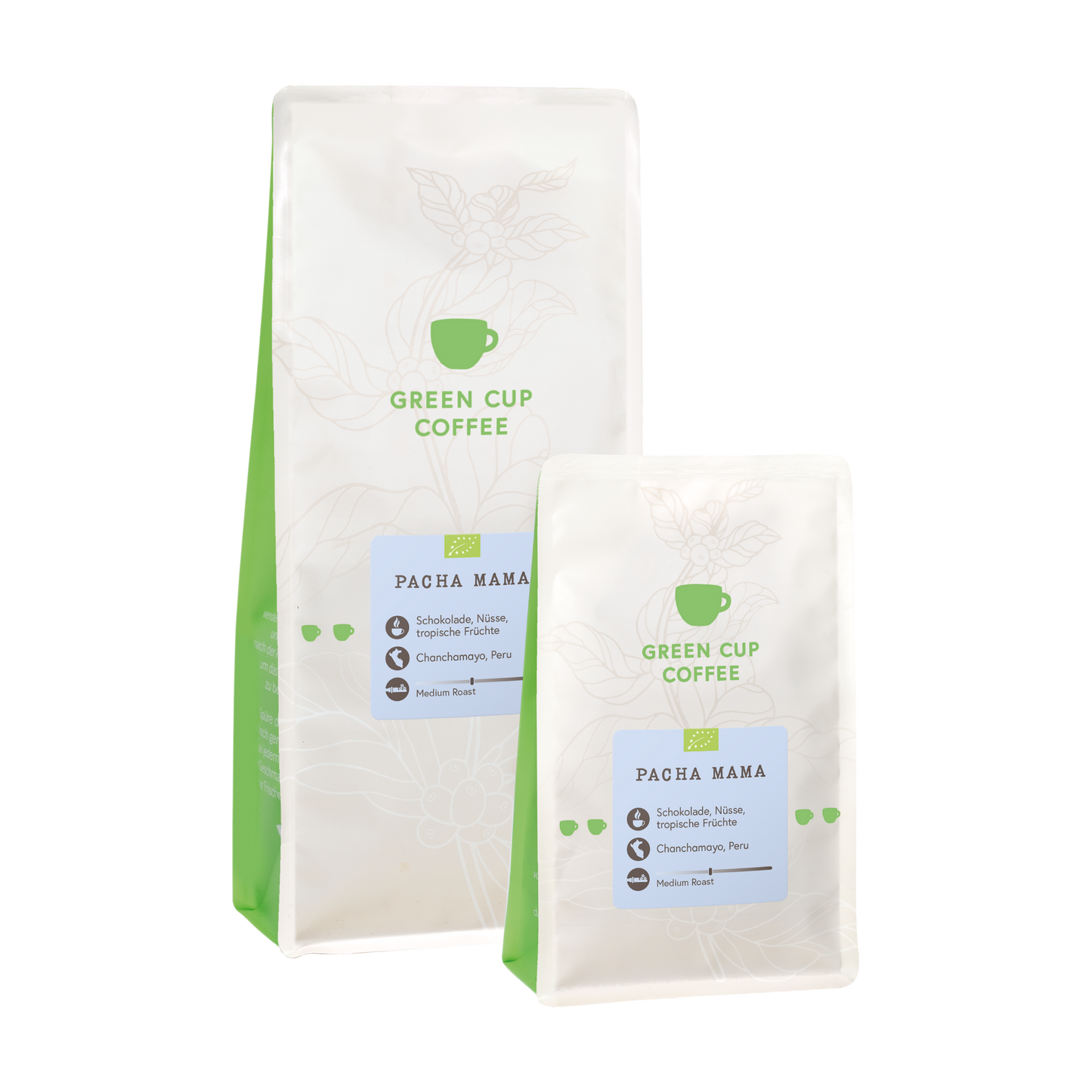 Packshot Kaffee Pacha Mama Green Cup Coffee 1kg und 250g Packung