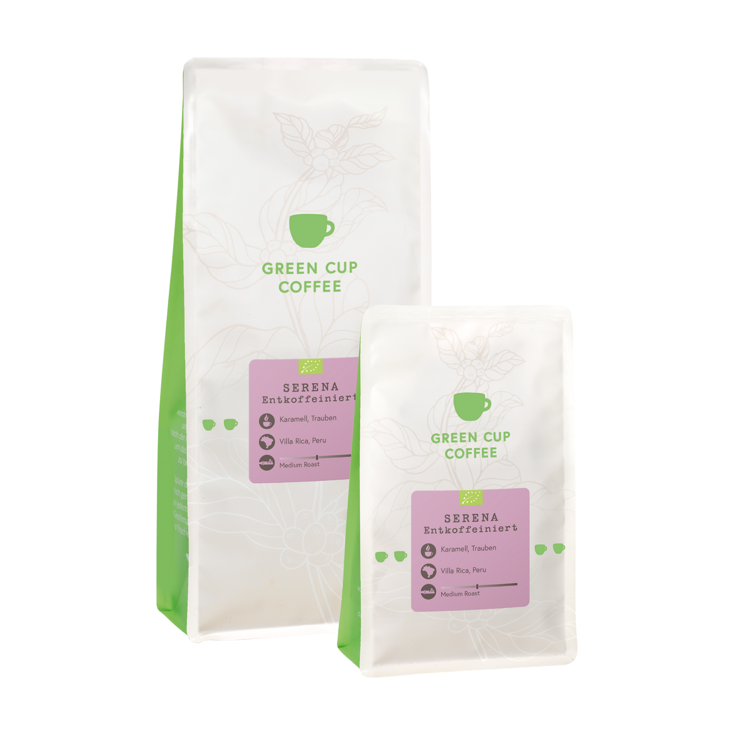 Packshot Kaffee Serena Entkoffeiniert Green Cup Coffee 1kg und 250g Packungen