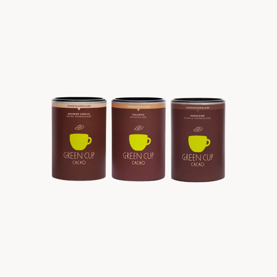Packshot Mini Trinkschokoladen: Sorten Bourbon Vanille, Vollmilch und Maracaibo