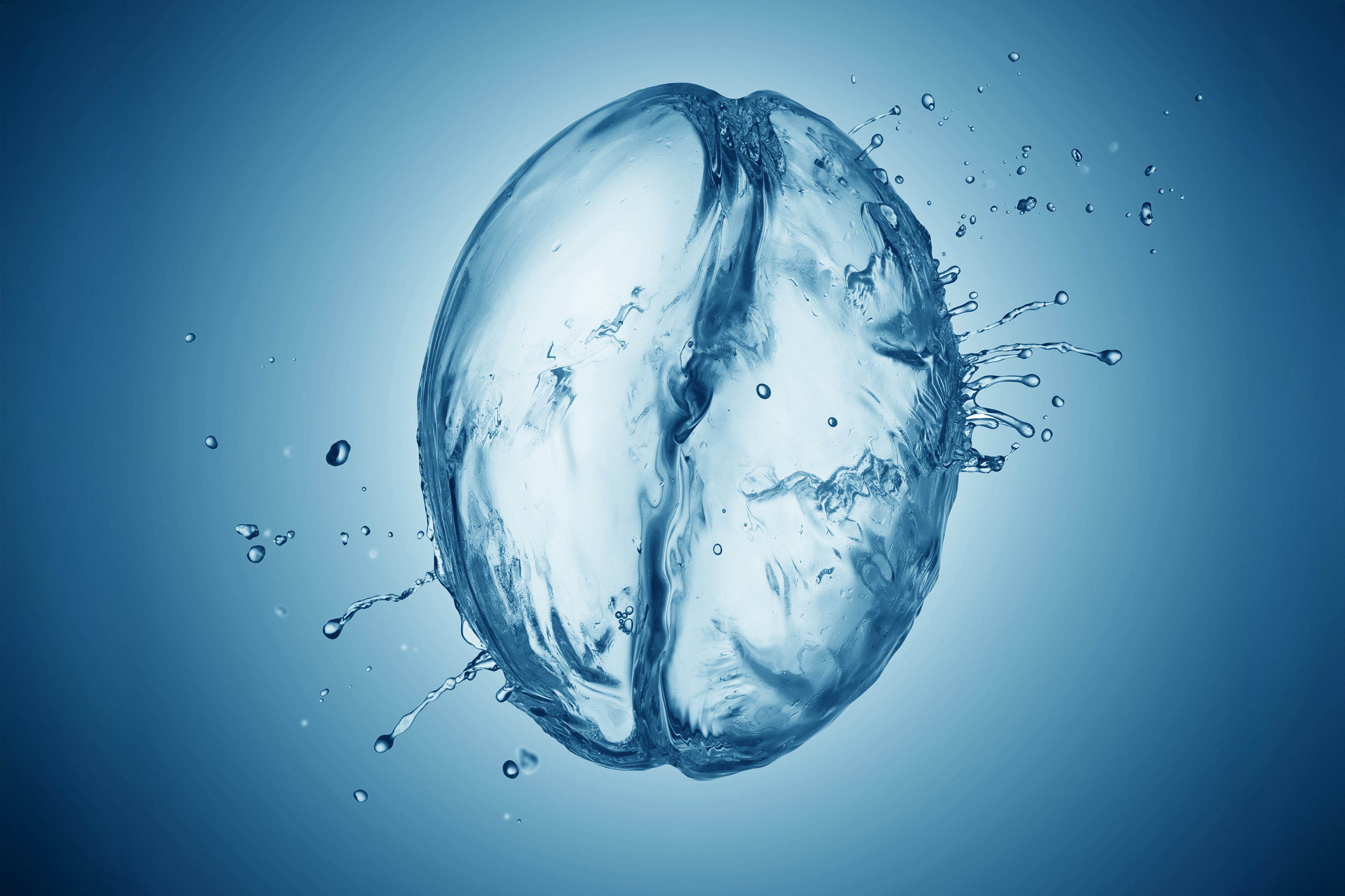 Grafik: Kaffeebohne aus Wasser mit blauem Hintergrund