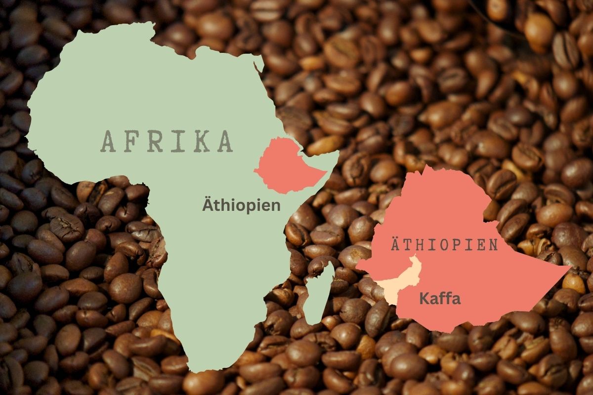 Karte von Afrika mit hervorgehobenen Umrissen von Äthiopien und der Region Kaffa vor einem Hintergrund aus Kaffeebohnen – visualisiert den Ursprung des Arabica-Kaffees in Äthiopien.