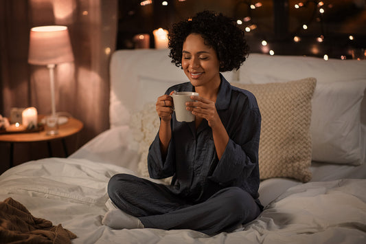 Genussmoment: Frau trinkt entkoffeinierten Kaffee am Abend im Bett