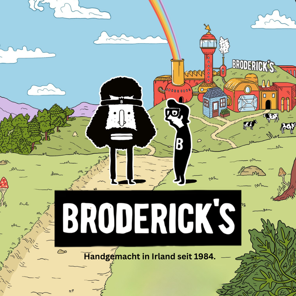 Broderick's Bars: Comic-Illustration der Brüder vor der Schokoladenfabrik in Irland, Logo und Slogan „Handgemacht in Irland seit 1984“