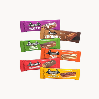 Packshot Brodericks Kuchenriegel: Sorten Choc & Salted Caramel Rice Crispy Bar, Cake Bar Crispy Peanut Butter, Cake Bar Caramel Slice, Cake Bar Rocky Road, Brownie with Chocolate Coating, Cake Bar Tiffin Slice