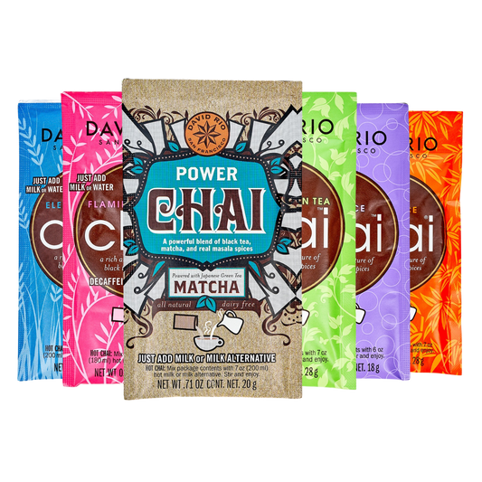 Packshot David Rio Chai Probierpäckchen mit allen Sorten: Elephant Vanilla, Flamingo Vanilla, Power Chai Matcha, Tortoise Green Tea, Orca Spice und Tiger Spice