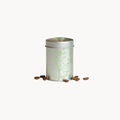 Silberne Kaffeedose von Green Cup Coffee mit grünem Pflanzenmotiv und Kaffeebohnen auf weißem Hintergrund