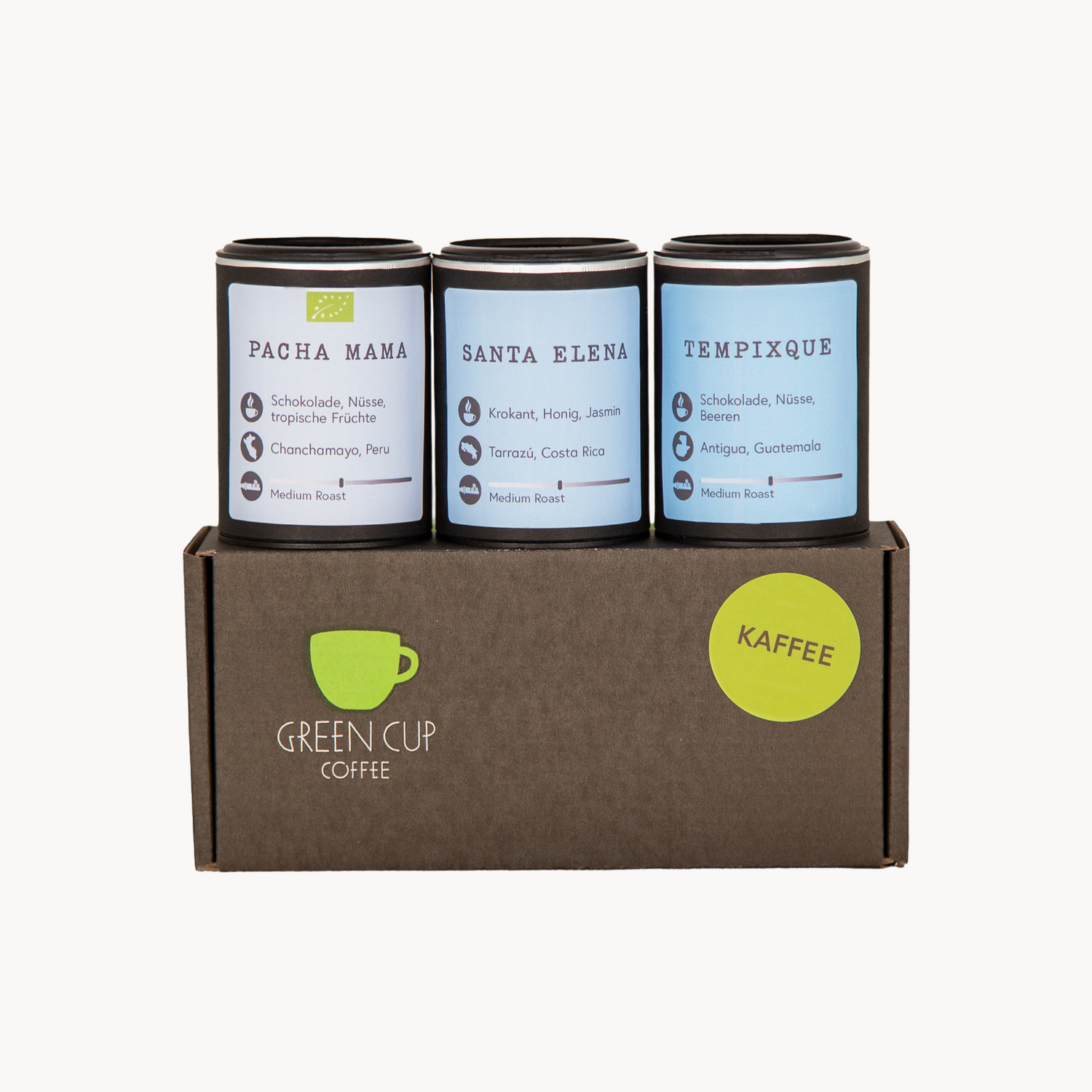 Probierbox Kaffee: drei Probierdosen Kaffee mit den Sorten Pacha Mama, Santa Elena und Tempixque