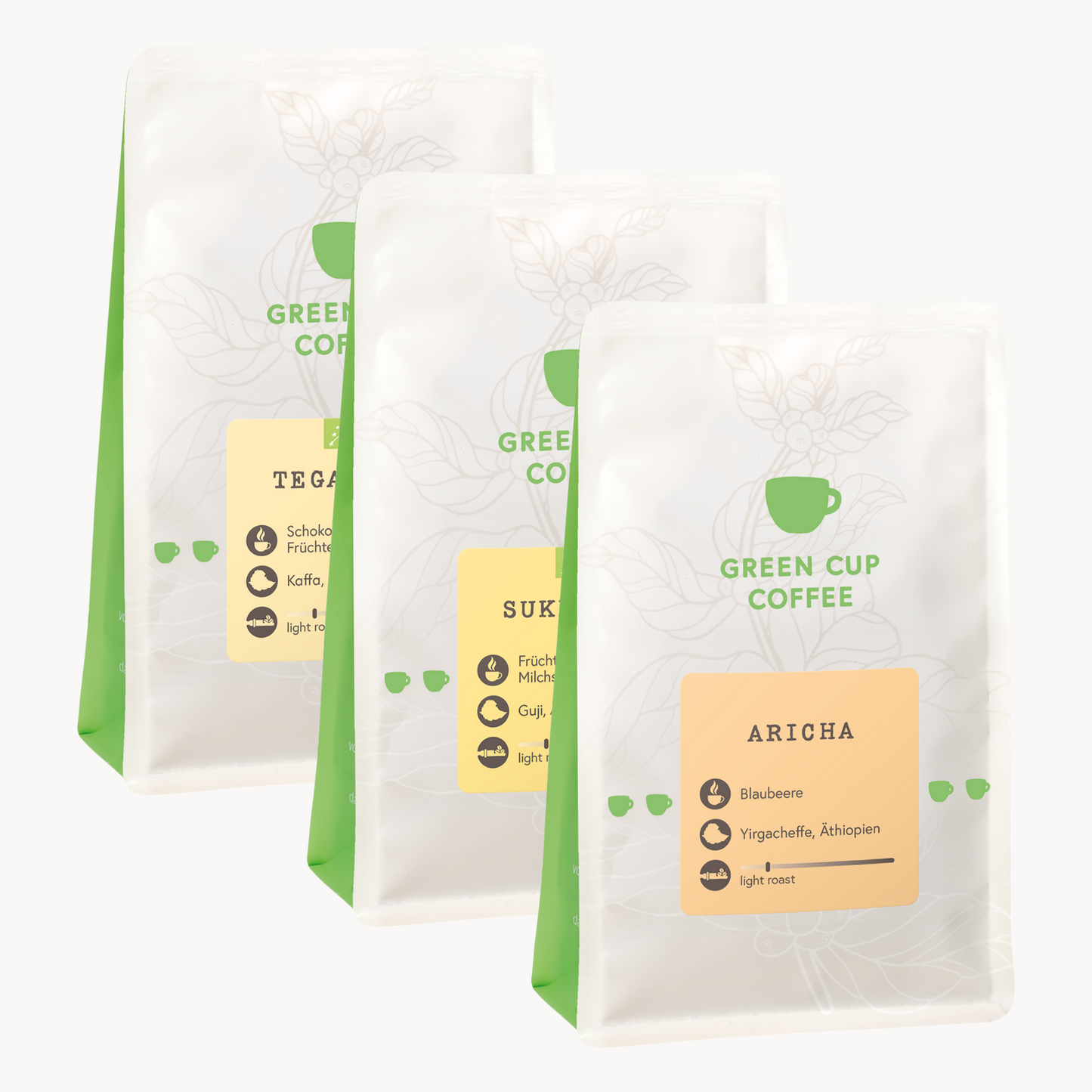 Green Cup Coffee-Packshot Aromareise Afrika: Kaffee Sorten Tega Tula, Suke Quto und Aricha, 250g