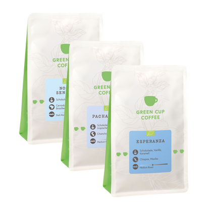 Green Cup Coffee-Packshot: Kaffee Sorten Nossa Senhora, Pacha Mama, Esperanza, 250g