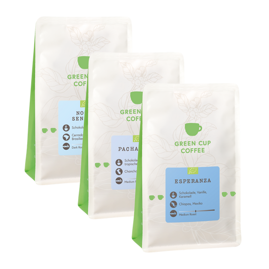 Green Cup Coffee-Packshot: Kaffee Sorten Nossa Senhora, Pacha Mama, Esperanza, 250g