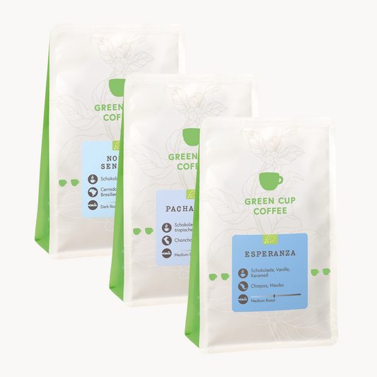 Green Cup Coffee-Packshot Aromareise Amerika: Kaffee Sorten Nossa Senhora, Pacha Mama, Esperanza, 250g
