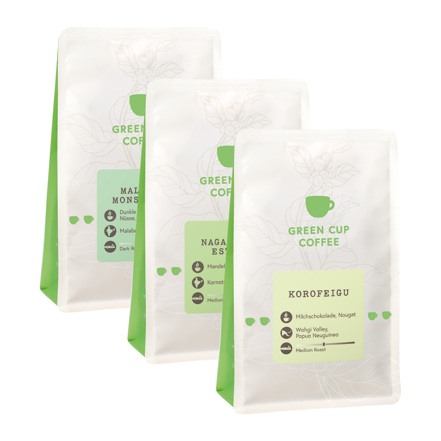 Green Cup Coffee-Packshot: Kaffee Sorten Malabar Monsooned, Nagambika Estate, Korofeigu, 250g