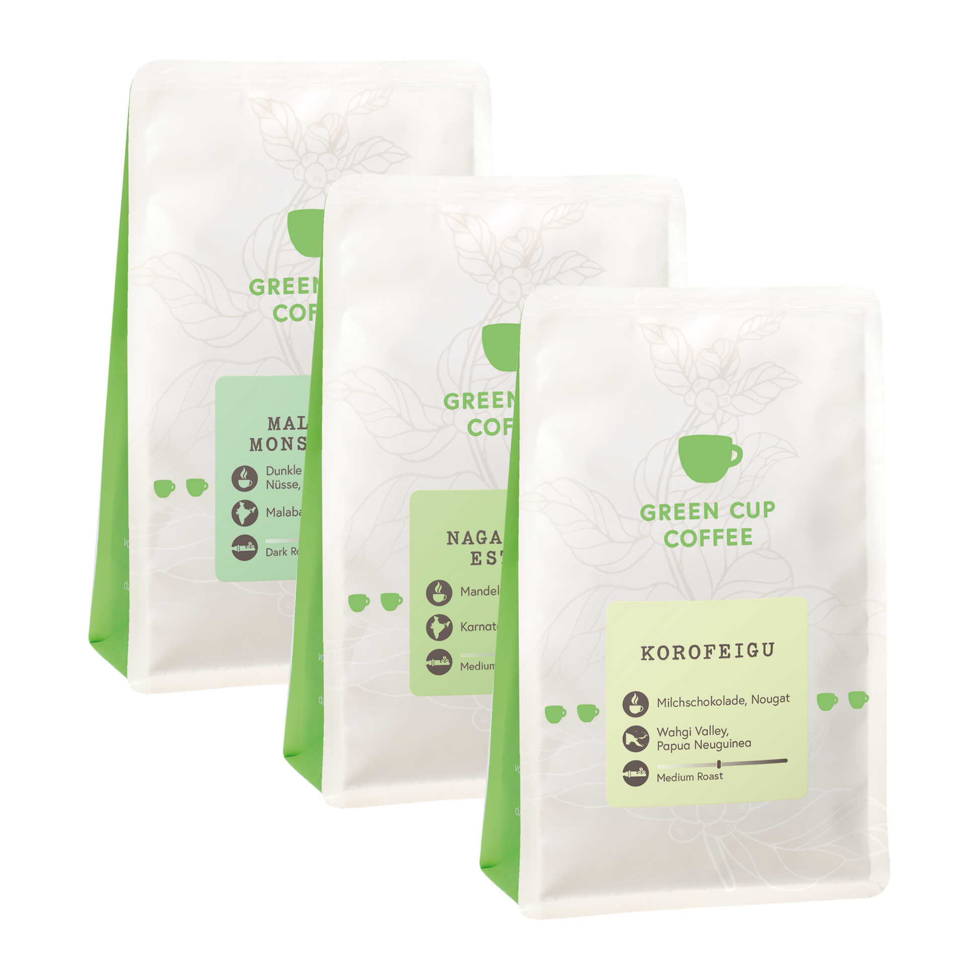 Green Cup Coffee-Packshot: Kaffee Sorten Malabar Monsooned, Nagambika Estate, Korofeigu, 250g