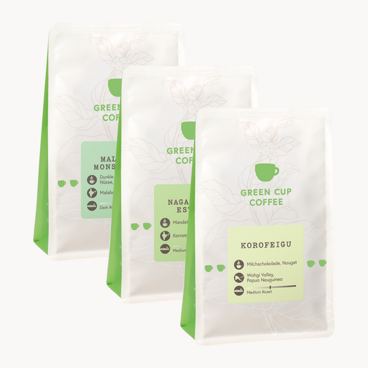 Green Cup Coffee-Packshot Aromareise Asien: Kaffee Sorten Malabar Monsooned, Nagambika Estate, Korofeigu, 250g
