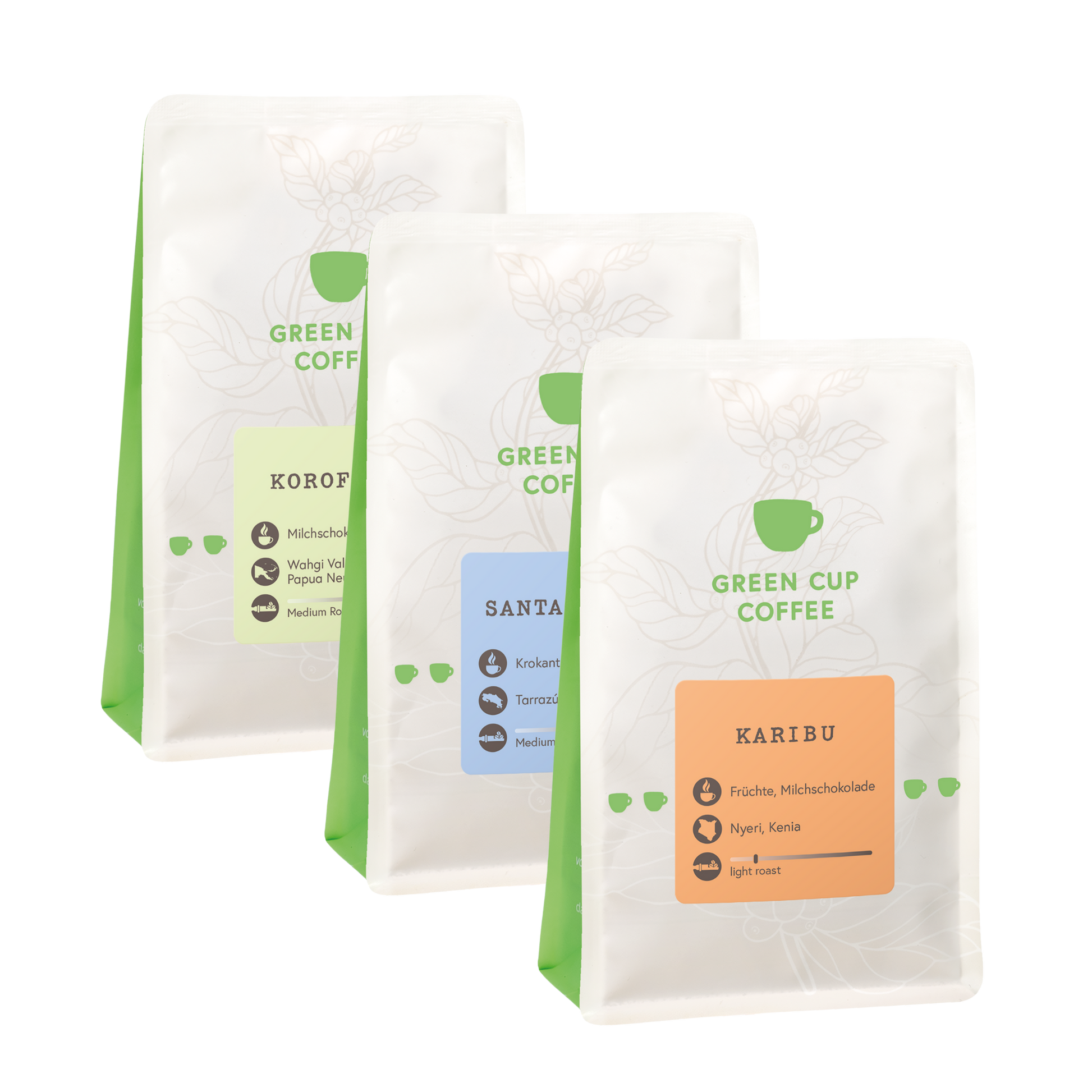 Green Cup Coffee-Packshot: Kaffee Sorten Korofeigu, Santa Elena und Karibu, 250g