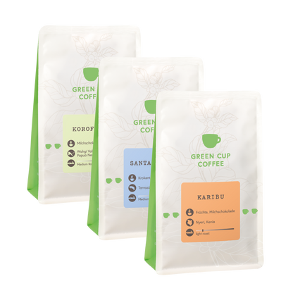 Green Cup Coffee-Packshot: Kaffee Sorten Korofeigu, Santa Elena und Karibu, 250g