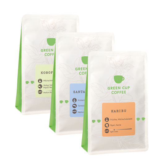 Green Cup Coffee-Packshot: Kaffee Sorten Korofeigu, Santa Elena und Karibu, 250g