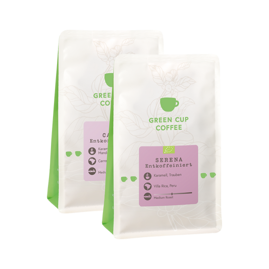 Green Cup Coffee-Packshot: Kaffee Sorten Calmo und Serena entkoffeiniert 250g