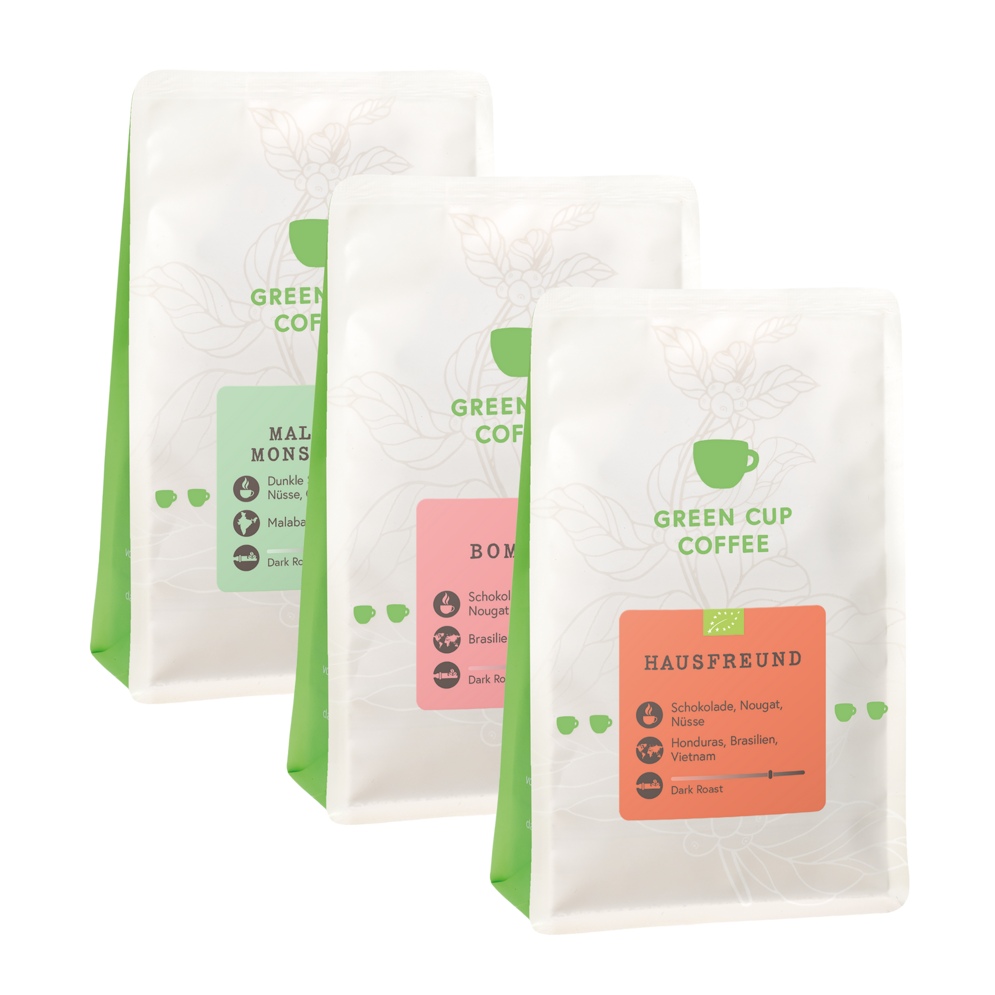 Green Cup Coffee-Packshot: Kaffee Sorten Malabar Monsooned, Bom Dia und Hausfreund 250g