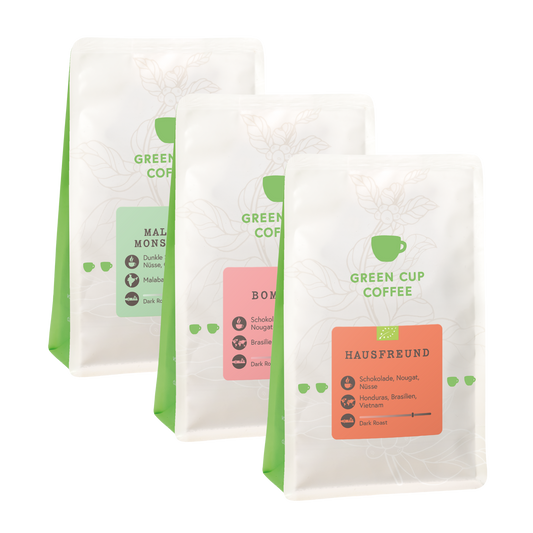Green Cup Coffee-Packshot: Kaffee Sorten Malabar Monsooned, Bom Dia und Hausfreund 250g