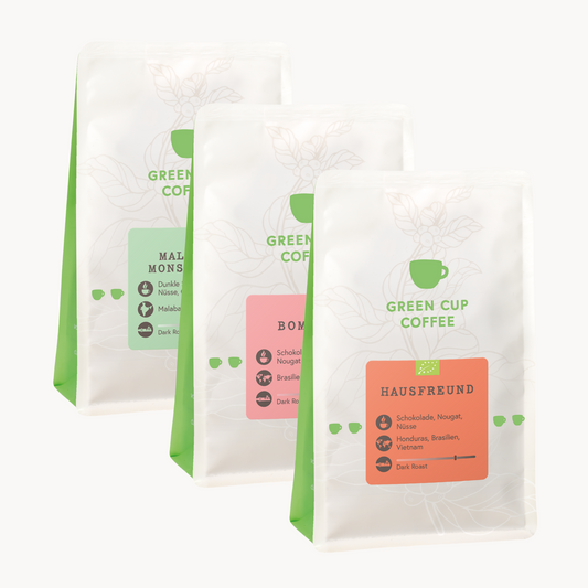 Green Cup Coffee-Packshot Aromareise Espresso: Kaffee Sorten Malabar Monsooned, Bom Dia und Hausfreund 250g