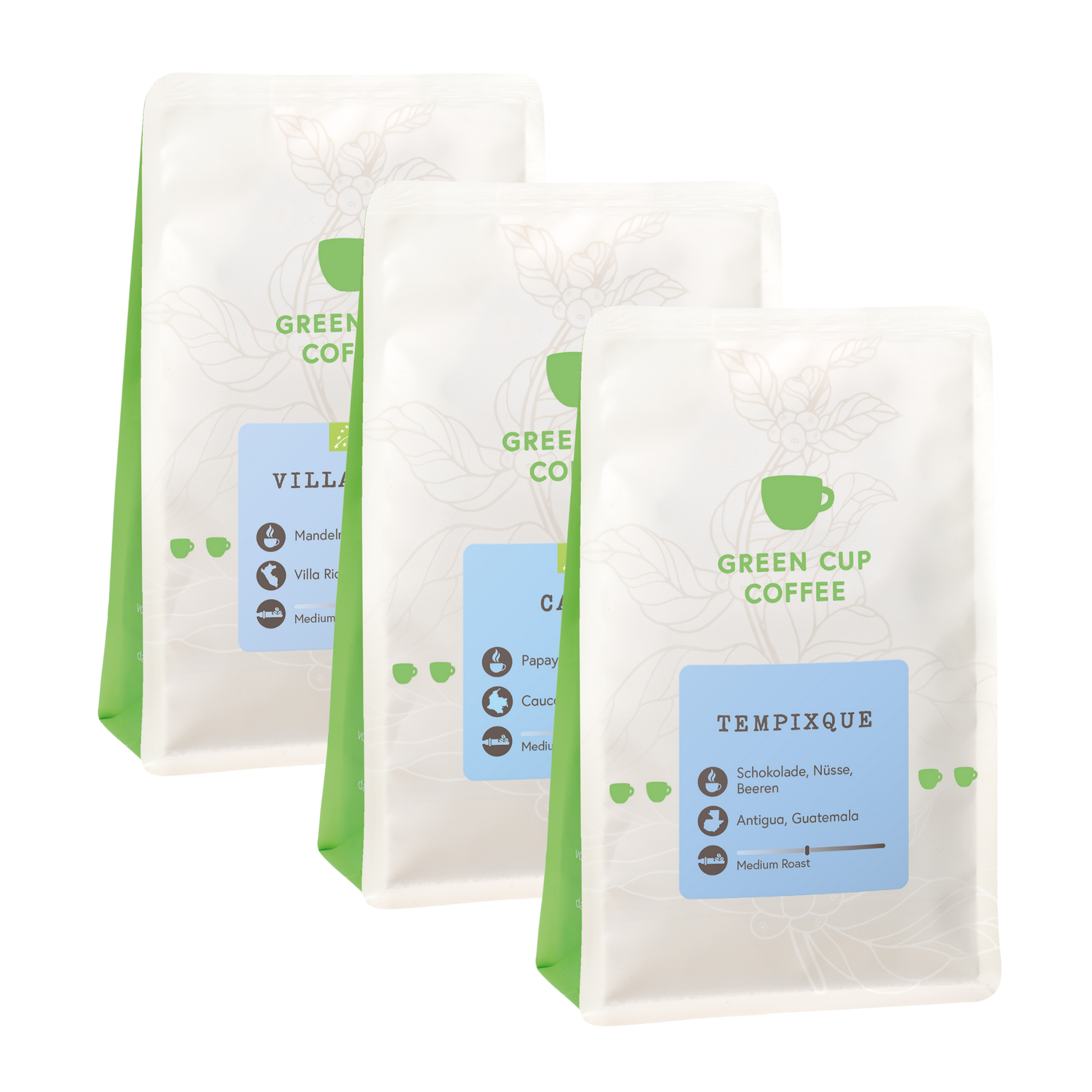 Green Cup Coffee-Packshot: Kaffee Sorten Villa Rica, Cauca und Tempixque  250g