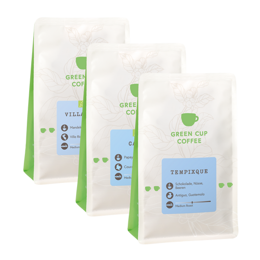 Green Cup Coffee-Packshot: Kaffee Sorten Villa Rica, Cauca und Tempixque  250g