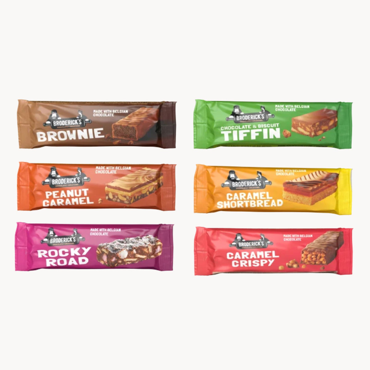 Übersicht Brodericks Cake Bars mit Sorten: Brownie, Tiffin, Peanut Caramel, Caramel Shortbread, Rocky oad, Caramel Crispy