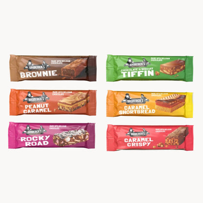 Übersicht Brodericks Cake Bars mit Sorten: Brownie, Tiffin, Peanut Caramel, Caramel Shortbread, Rocky oad, Caramel Crispy