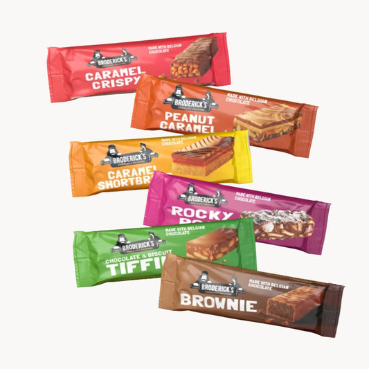 Packshot Broderick´s Kuchenriegel Übersicht mitSorten: Caramel Crispy, Peanut Caramel, Caramel Shortbread, Rocky Road, Tiffin, Brownie