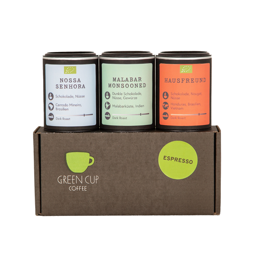 Probierbox Espresso: drei Probierdosen Espresso mit den Sorten Nossa Senhora, Malabar Monsooned und Hausfreund
