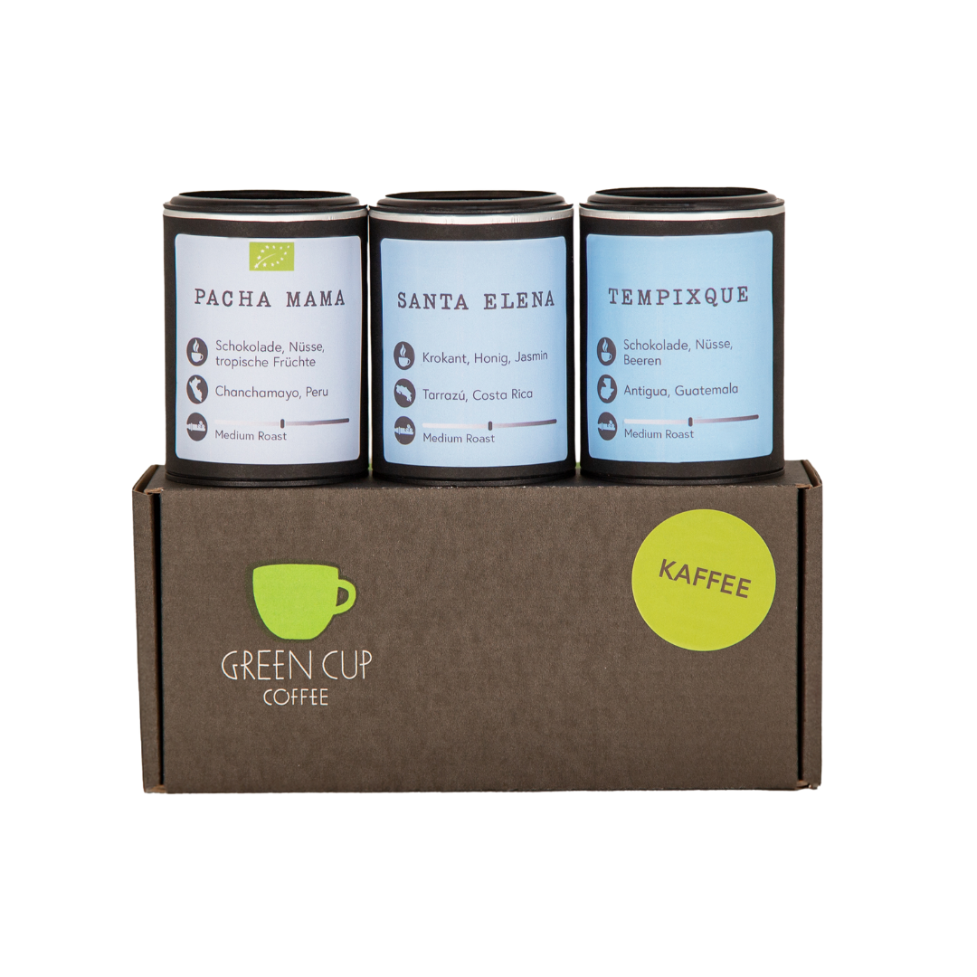 Probierbox Kaffee: drei Probierdosen Kaffee mit den Sorten Pacha Mama, Santa Elena und Tempixque