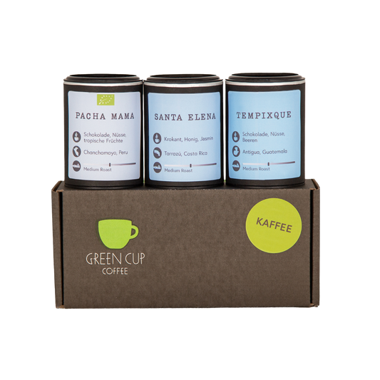 Probierbox Kaffee: drei Probierdosen Kaffee mit den Sorten Pacha Mama, Santa Elena und Tempixque