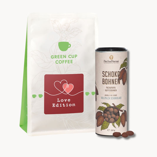 Packshot Valentinstags Set: Love Edition Kaffee mit Pacha Mama Vollmilch Schokobohnen