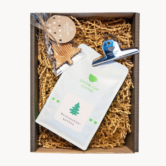 Weihnachtsset Kaffee mit Baum aus Mürbeteig, Kaffeetütenclip und Weihnachtskaffee