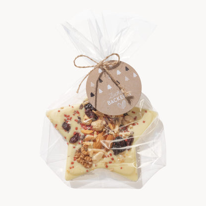 Weihnachtsschokolade: Schoko-Stern weiße Schokolade mit Nüssen und getrockneten Beeren
