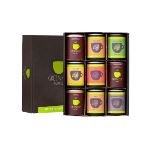 Packshot - 9er Trinkschokoladenbox in schwarzer Green Cup Coffee verpackung