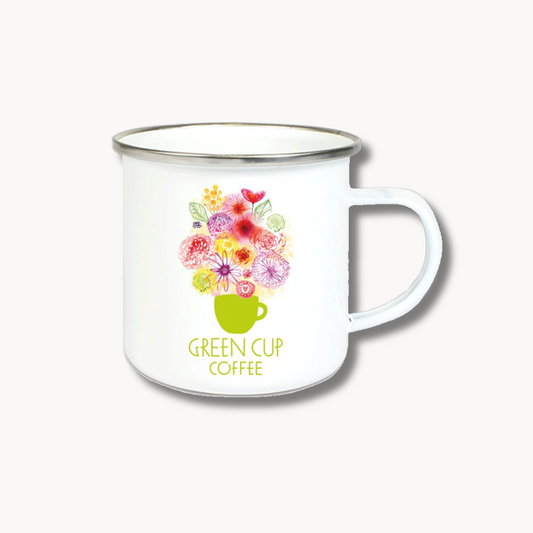 Emailletasse Frühling mit buntem Blumenmuster und Green Cup Coffee Logo