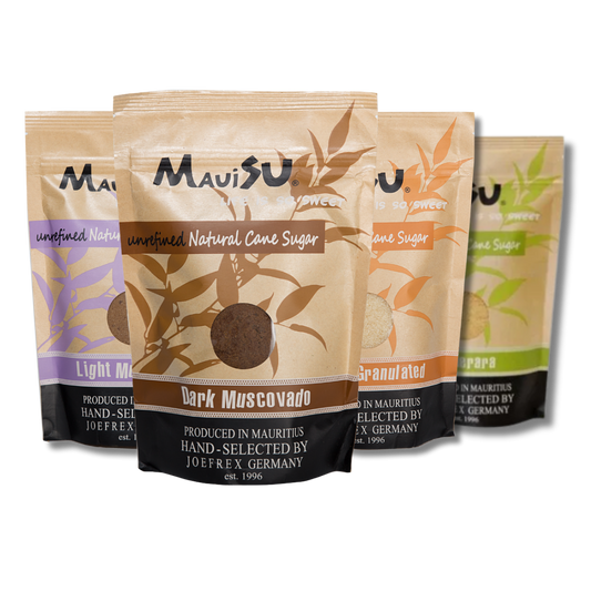 MauiSu Zucker Packshot alle vier Sorten: Light Muscovado, Dark Muscovado, Golden Granulated und Demerara