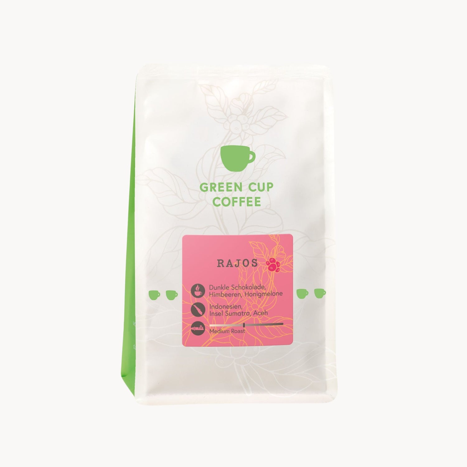 Packshot: Rajos Arabica Kaffee aus Indonesien, Sumatra mti dunkler schokolade, himbeeren und Honigmelone